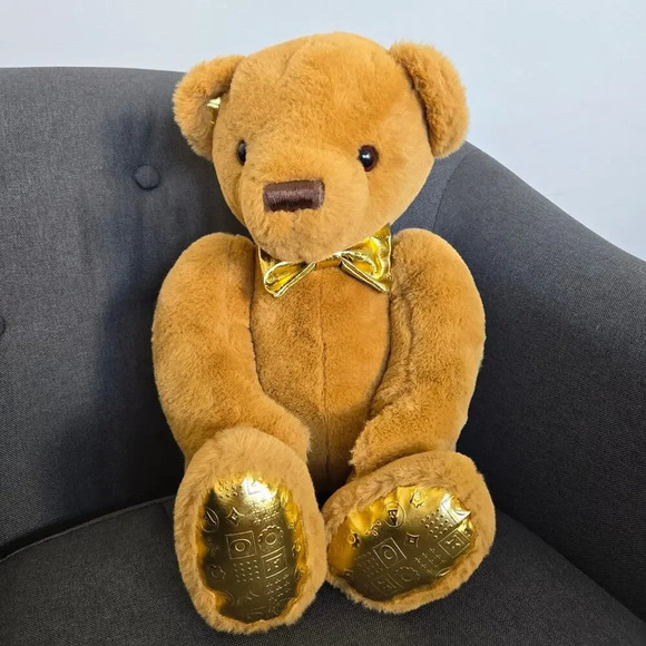 FAO Schwarz Plush Anniversary Teddy Bear Toy Tan Gold Embossed Kids Room Decor - Picture 12 of 13